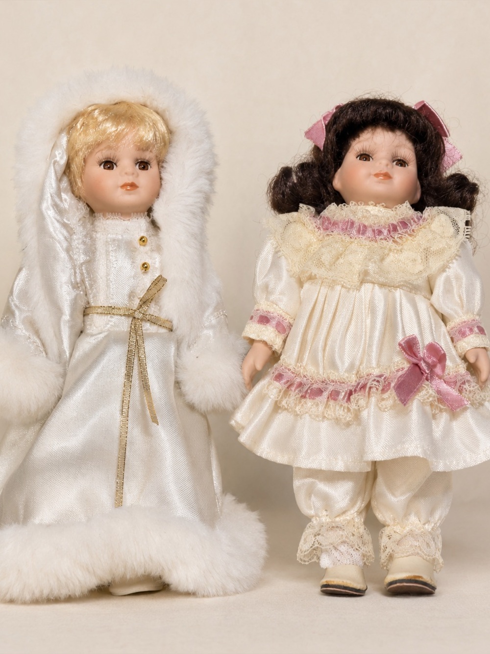 Vintage 6” Porcelain Dolls White & Pink Lace Set of 2